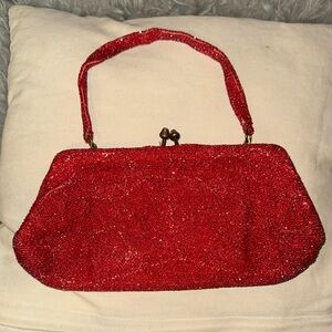 VTG Ruby Red Beaded Rhinestone Kiss Lock Handbag
Clutch Made in Belgium